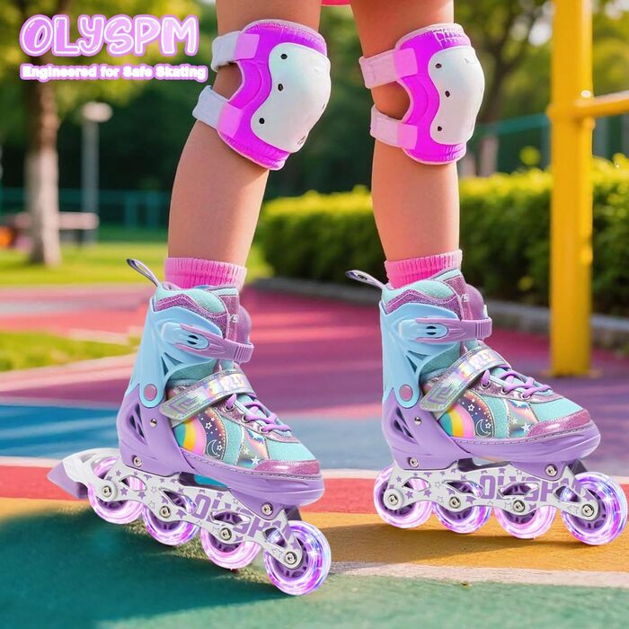 Роликові ковзани для дітей, дівчаток та хлопчиків, райдужний дизайн, дитячі роликові ковзани 4 розмірів для використання в приміщенні та на вулиці, розмір S (EU 28-31), фіолетовий