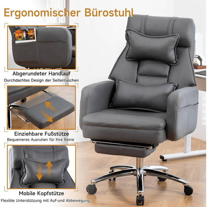 Ергономічне крісло керівника XXL, регульоване на 155 з підставкою для ніг, підголівником та поперековою опорою, металева основа, вантажопідйомність 230 кг, S-подібна пружина товста комфортна піна, темно-сірий колір