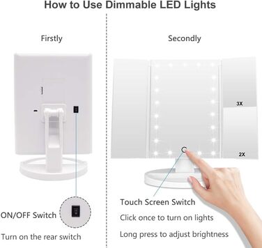Дзеркало для макіяжу WEILY з підсвічуванням, складне косметичне дзеркало зі збільшенням /2X/3X, дзеркало для макіяжу з сенсорним підсвічуванням, настільне дзеркало з підтримкою USB та акумулятор (білий)