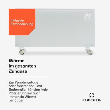 Електричний обігрівач Klarstein, конвекторний обігрівач з колесами, портативний електричний обігрівач, енергозберігаючий, тонкий, тихий електричний обігрівач, окремостоячий електричний радіатор з термостатом, 2000 Вт, білий колір Борнхольм