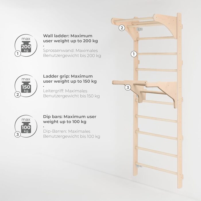 Шведська стінка з турніком для дорослих (230 см), дерев&39яна стінка для скелелазіння, багатофункціональне фітнес-обладнання, драбина для скелелазіння для дорослих та дітей, 100 ЕКО, зроблено в ЄС з кільцями для гімнастики DIP