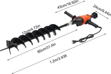 Електричний земляний шнек 1900w земляний бур, земляний отвір шнекового бура, з 1 * 120мм свердлом з подвійним лезом, для копачів ям, сільського господарства, лісового господарства, помаранчевий