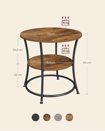 Круглий бічний столик VASAGLE, 2-ярусний журнальний столик, консольний столик, сталевий каркас, для невеликих приміщень, вітальні, спальні, вінтажний коричневий-чорний LET56BX Вінтажний коричневий чорнильний без подовжувача