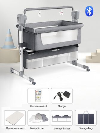 Дитяче ліжечко Nine Point Nine, розкладне дитяче ліжко-ліжечко, пружинне ліжко Baby Box з колесами, багатофункціональне, з 5 гойдалками (601 Середньо-сірий)
