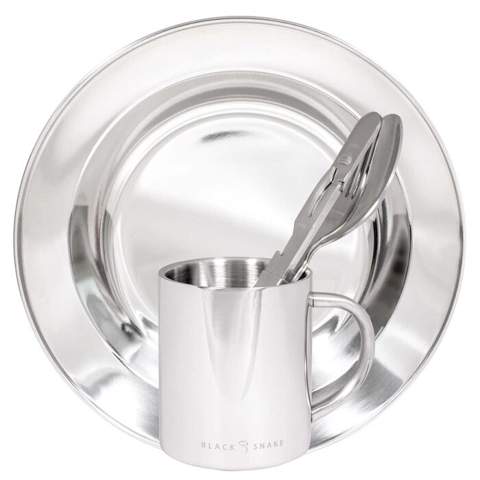 Набір посуду з нержавіючої сталі для кемпінгу тарілка, чашка та столові прибори міцний та багаторазовий для відпочинку на природі, трекінгу та фестивалів