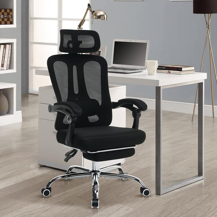 Офісне крісло Garvee з підставкою для ніг, ігрове крісло з сітки, регульоване по висоті, витримує навантаження до 150 кг, ергономічне робоче крісло, регульований підголівник та поперекова опора, надзвичайно широке, зручне чорного кольору