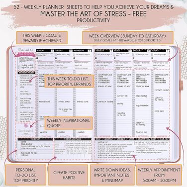 Недатований тижневий і місячний планувальник Deluxe, 12-місячна подорож для підвищення продуктивності і щастя, Організатор життя, Журнал подяки, Планувальник закону тяжіння RG Astro B5