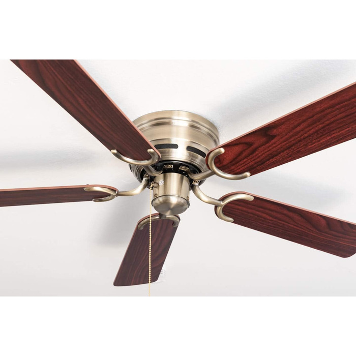 Стельовий вентилятор Kisa без підсвічування Вентилятор із тяговим перемикачем із старовинної латуні з реверсивними лопатями з рожевого та горіхового дерева, діаметр 105 см. (Колір латунь, палісандр/горіх)