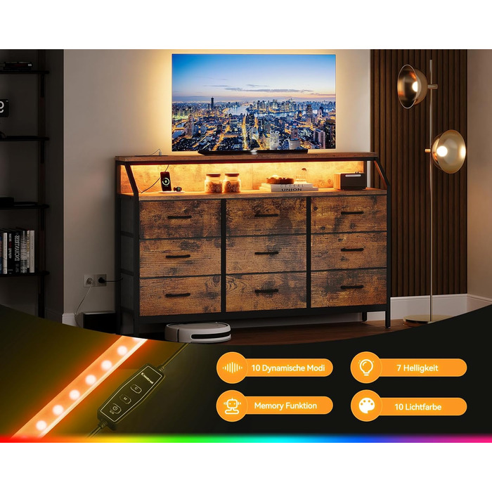 Комод ODK, комод з 2 розетками, 2 USB-портами та світлодіодною стрічкою, що змінює колір, з 9 тканинними шухлядами, підходить для спальні, вітальні, вінтажний колір