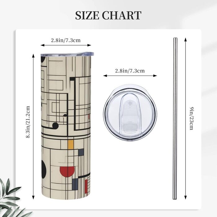 Кухоль з прямою трубочкою, лінії Баухауса, дорожній кухоль з принтом, підходить для кемпінгу, офісу та дому, 590 мл