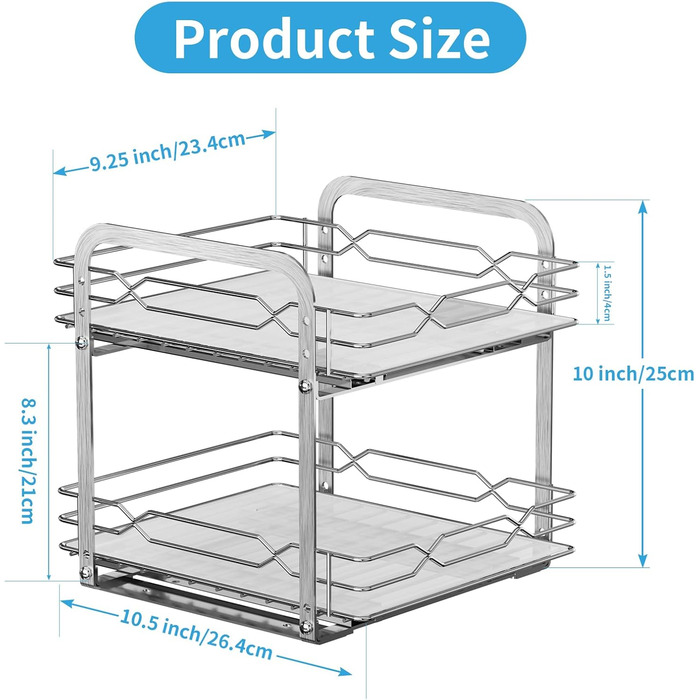 Висувна полиця для спецій, 2 рівні, нержавіючий органайзер для полиць для спецій, верхній та нижній кошики можна висувати окремо, регульована висота для шафи, Ш23,8*Г26,4*В24 см