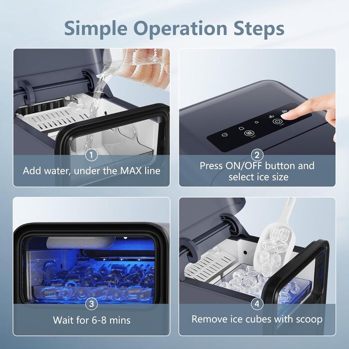 Машина для кубиків льоду OMISOON, машина для кубиків льоду маленька 12 кг/24 години, 9 кубиків за 6 хвилин, самоочисний льодогенератор із совком для льоду та кошиком, 2 розміри кубиків льоду, чорний