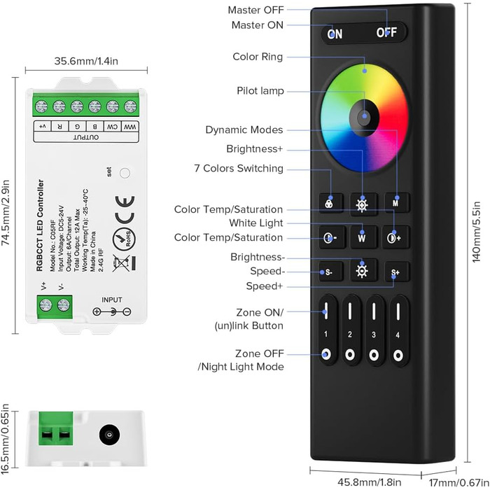 РАДІОЧАСТОТНИЙ ПУЛЬТ ДИСТАНЦІЙНОГО КЕРУВАННЯ RC02RFB&C02RF Комплект контролера 4-зонний радіочастотний 2.4 ГГц бездротовий пульт дистанційного керування для 3-контактної світлодіодної стрічки CCT (V, CW) DC5V, DC12V, DC24V (для RGBBCCT, пульта дистанційно