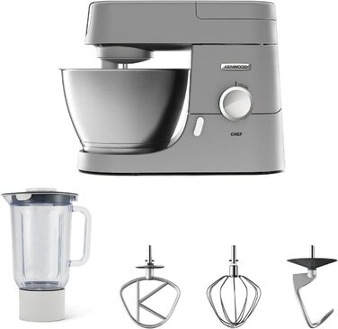Кухонний комбайн Kenwood Chef KVC3110S, чаша для змішування з нержавіючої сталі 4,6 л, система безпеки з блокуванням, металевий корпус, 1000 Вт, включаючи набір для кондитерських виробів із 3 предметів і насадку для акрилового блендера, срібло