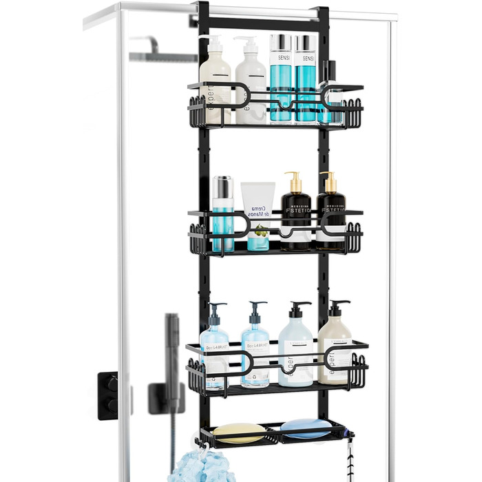 Душова полиця підвісна регульована з 4 душовими кошиками, душова полиця без свердління з мильницею та гачком, душова полиця над скляною стіною та дверима у ванній кімнаті, чорна