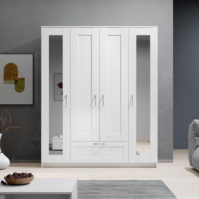 Шафа з дзеркальними дверима білого кольору - Універсальна 4-дверна шафа для вашої спальні - 156 x 191 x 50 см (Ш/В/Г)