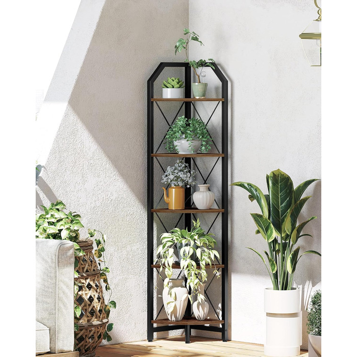 Кутова полиця з 5 полицями, промислова книжкова шафа, окремостояча підставка для дисплея, кутова полиця для ванної кімнати, підставка для рослин, для спальні, кухні, рустикальний коричнево-чорний DTCJ10BF