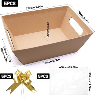 Набір із 5 порожніх картонних подарункових кошиків із целофановими пакетами та зав&39язками, екологічно чистий картонний подарунковий кошик для подарунків, свят, днів народження (крафт-папір) 5 прямокутний подарунковий кошик з крафт-картону