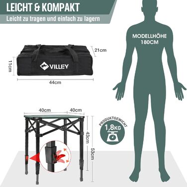 Алюмінієвий розкладний стіл VILLEY з сумкою для перенесення, складний кемпінговий стіл з алюмінію, складний балконний стіл, садовий стіл для пікніків, кемпінгу та пляжного відпочинку на свіжому повітрі, 40 * 40 * 53 см, малий