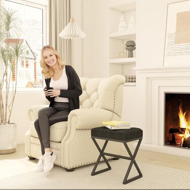 Туалетний стілець YMYNY, пуф для ніг, лляне сидіння, макіяжний стілець з металевими ніжками у формі X, для туалетного столика, вітальні, спальні, передпокою, коридору 403046 см чорний HBD033B