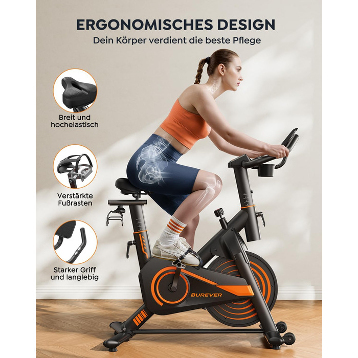Велотренажер із застосунком, ультратихий, ергономічний дизайн, РК-дисплей з вимірюванням пульсу, магнітний опір, маховик 15 кг, до 160 кг, помаранчевий