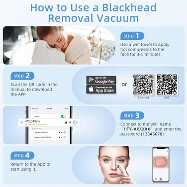 Пилосос для очищення пір з камерою 1080P HD, вакуумний пилосос для видалення чорних крапок з 4 всмоктувальними головками, 5 всмоктувальними силами для очищення шкіри обличчя від прищів і вугрів Whitehead Whitehead Білий