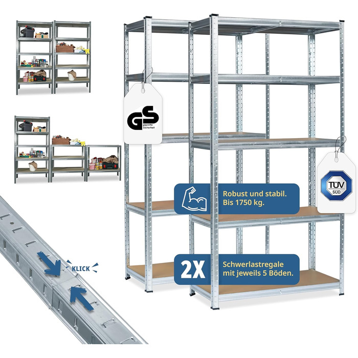 Подвійний надміцний стелаж Grafner XXL з 10 полицями з МДФ, максимальне навантаження 1750 кг, сертифікований TV/GS, закруглені кути, 180x180x40 см, безболтовий стелаж Twin Pack, стелаж для зберігання, стелаж для підвалу
