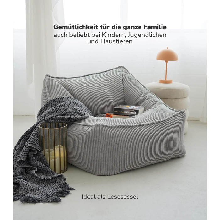 Крісло-мішок з вельвету mokebo The Loafer, XXL, крісло-мішок, вельветове крісло або крісло для відпочинку для вітальні та зимового саду, також як гігантське крісло-мішок розміром 83x73x60 (ШxВxГ у см) сірого кольору, тканина для крісла-мішка з вельвету сі