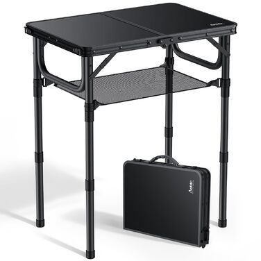 Складаний кемпінговий стіл Anbte 60x40 см, алюмінієва рама, 3 регульовані по висоті 26/48/70 см, стіл-валіза з сіткою для зберігання, портативний стіл для пікніка для кемпінгу, пляжу, балкону (повністю чорний)