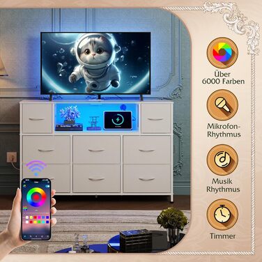 Комод WLIVE, 8 тканинних шухляд, комод з розетками, універсальний комод для спальні та вітальні, з міцним сталевим каркасом та дерев&39яною стільницею, 120 * 30 * 79 см (білий)