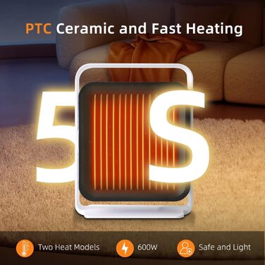Енергозберігаючий вентилятор-обігрівач, PTC матеріал з 2 режимами, невеликий портативний вентилятор-обігрівач, захист від перегріву та перекидання, портативний та тихий вентилятор-обігрівач для дому, офісу, спальні