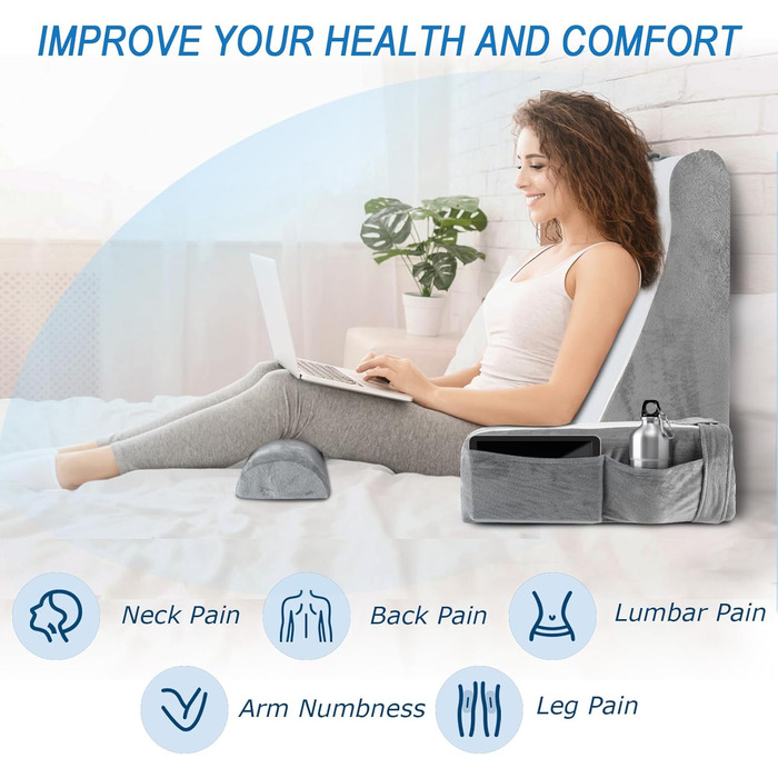 Подушка для читання HOMCA для ліжка та дивана, подушка для книги зі знімним валиком для шиї та підлокітником, подушка для спини для ліжка, настінна подушка, багатофункціональна клиноподібна подушка для читання, роботи, перегляду телевізора (36x40x48 см)