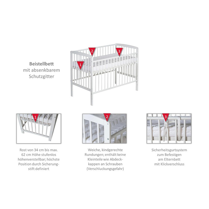 Дитяче ліжечко Micky Plus - Біле - 60120 см - Плавне регулювання висоти 3-в-1 - вкл. боковини та систему ременів безпеки - Ідеально підходить для ліжок Box Spring 124Д x 65Ш x 97В см Box Spring - Біле лаковане одномісне ліжко