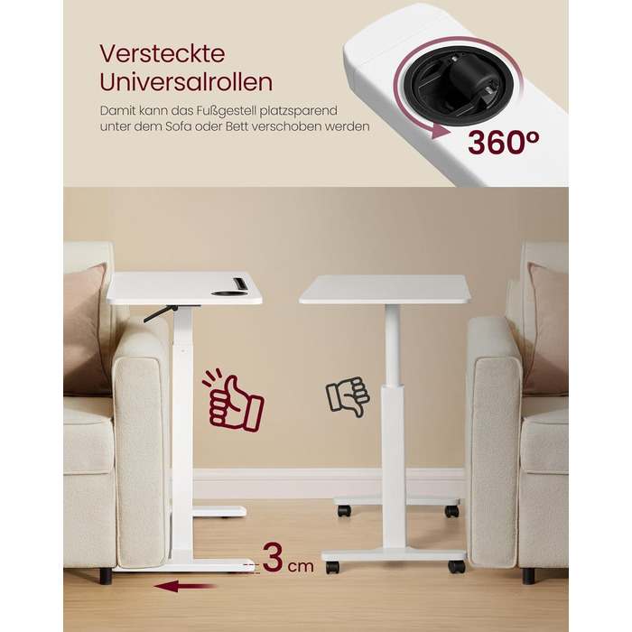 Журнальний столик VASAGLE з колесами, мобільний стоячий столик, стільниця 70 x 40 см, регульована висота, 2 підсклянники, відділення для мобільного телефону або планшета, хмарно-білий LSD600W01 70 x 40 см хмарно-білий