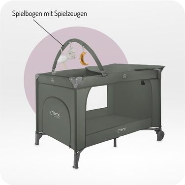 Дитяче та дитяче дорожнє ліжечко MoMi BELOVE PLUS 2-в-1, складне, 2 рівні для сну для немовлят до 9 кг та дітей до 15 кг з дитячим матрацом, ігровою ручкою, пеленальний килимок та сумка для перенесення, темно-зелений