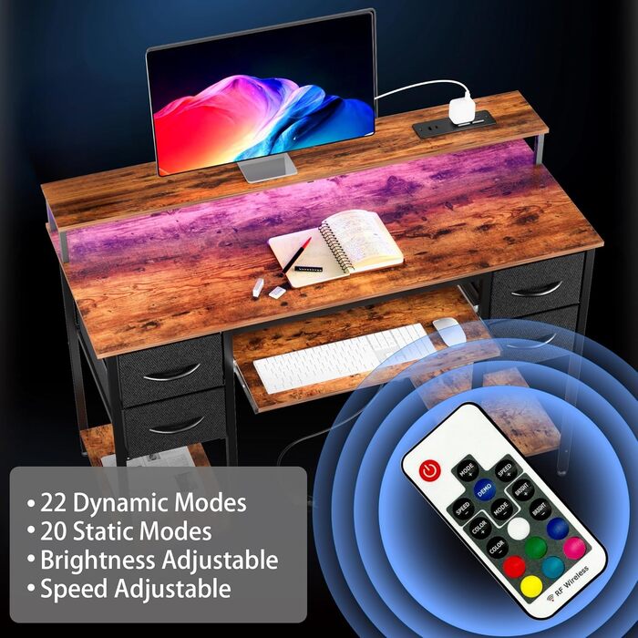 Ігровий стіл BEXEVUE з розетками та світлодіодним освітленням - 120x50 см Сучасний комп&39ютерний стіл з лотком для клавіатури, 4 двосторонні шухляди, велика полиця для зберігання речей для навчання, ігор, роботи, спальні, домашнього офісу 120 x 50 см Кор