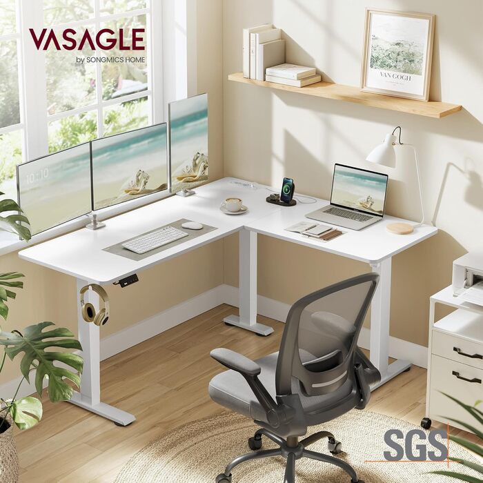 Електричний письмовий стіл з регульованою висотою, L-подібний кутовий стіл, 140 x 160 см, із зарядною станцією, функція пам&39яті з 2 висотами, для домашнього офісу, хмарно-білий-матово-білий LSD264W01 хмарно-білий матово-білий