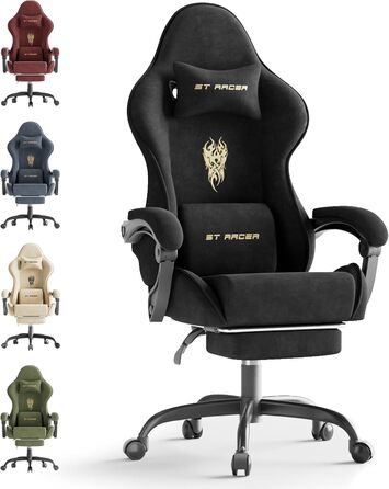 Ігрове крісло, Ергономічне ігрове крісло, Офісне поворотне крісло з регульованою опорою для голови та попереку, підлокітниками та підставкою для ніг, чохол з дихаючої тканини, Гоночне ПК-крісло (чорне)