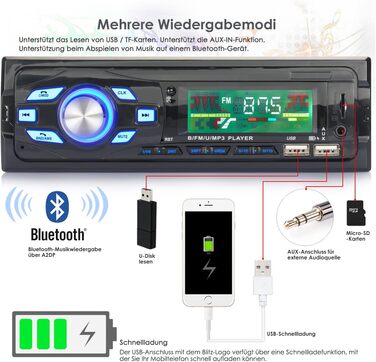 Автомобільна стереосистема iFreGo з Bluetooth гучний зв'язок, Bluetooth 1 Din-радіо USB/TF/MP3-плеєр/AUX-вхід, FM-радіо з пультом дистанційного керування/пультом дистанційного керування на кермі, RDS, швидка зарядка, 60 Вт*4, адаптер антени