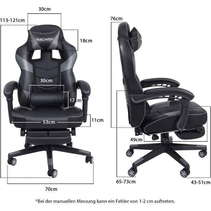Ігрове крісло Fullwatt, ергономічне офісне крісло для гонок з функцією масажу, підставка для ніг, регульована спинка 90-150, знімний підголівник та поперекова опора, шкіра штучна, сірий та чорний, для дорослих