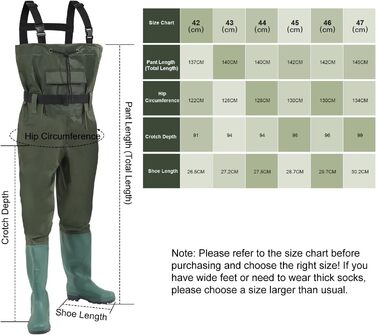 Водонепроникні нейлонові ПВХ вейдерси для риболовлі, з нековзними гумовими чобітьми, підходять для високої води, риболовлі, полювання, миття автомобілів та садівництва (розмір 44) та гачками.
