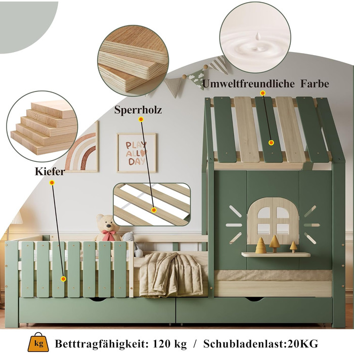 Дитяче ліжко 90x200 см, дерев&39яне ліжко з 2 шухлядами, ліжко-будиночок з дахом та вікном, каркас ліжка з рейковою основою, для дівчаток та хлопчиків, зелене, без матраца 90 x 200 см B