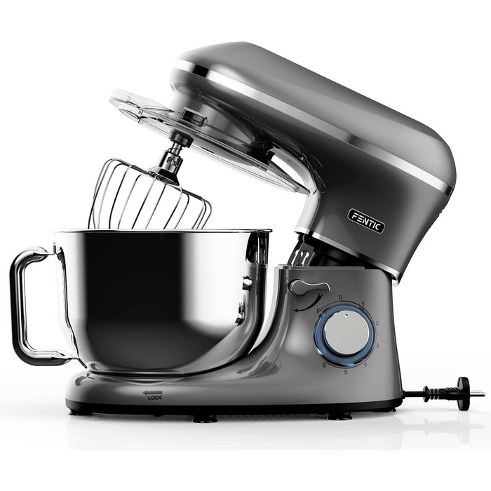 Кухонний комбайн Fentic - 2000 Вт - Чаша для змішування з нержавіючої сталі (6.2 л) - Тістомісильна машина з гачком для змішування, гачком для тіста, віночком і захистом від бризок - включаючи захисний чохол і додаткові аксесуари - Антрацит