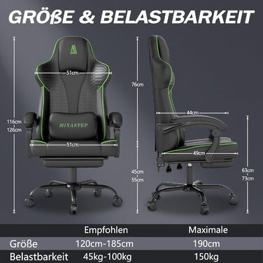 Ергономічне ігрове крісло, офісне крісло з підставкою для ніг, регульоване по висоті та нахилу, надзвичайно широке сидіння (51 см), ергономічна поперекова опора, вантажопідйомність до 150 кг, зелений колір