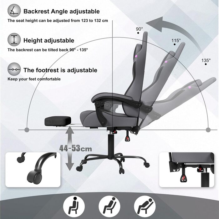 Ергономічне ігрове крісло UISEBRT з масажем та підставкою для ніг, зручне ігрове крісло, регульована спинка, підголівник та масажна поперекова подушка - сірий, чорний та фіолетовий