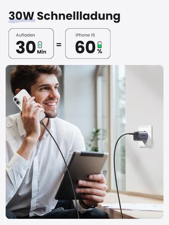 Сумісний з iPhone 16 Pro Max, 16 Plus, 16, 15 Pro, 14, Galaxy S24 Ultra, S23, iPad, Tab A8, Pixel, HomePod (чорний), 30W USB C Pow