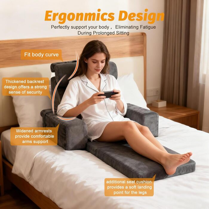 Велика подушка для читання зі знімною спинкою, ергономічна подушка для спини з підлокітником, кишенею та чохлом, який можна прати, для читання та перегляду телевізора (сіра)