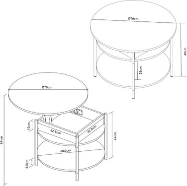 Круглий журнальний столик з підйомною стільницею, стіл для вітальні Kanda з місцем для зберігання, Ø70 x 49 см, невеликий столик з регульованою висотою та металевим каркасом, під дуб