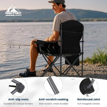 Складаний кемпінговий стілець HIGH POINT SPORTS, витримує до 160 кг, з підсклянниками, чорний