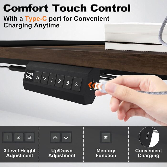 Електричний стіл UISEBRT з регульованою висотою, регульований комп&39ютерний стоячий стіл із портом зарядки Type-C, функцією пам&39яті, підсклянником, гачком для навушників для офісу (вінтажний коричневий, 160 x 60 см) Вінтажний коричневий 160 x 60 см